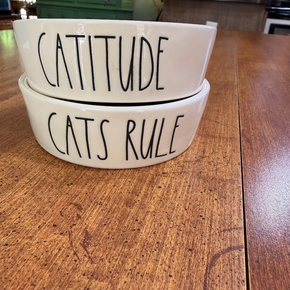 Rae Dunn Cat Bowls Set 2 Catitude Cats Rule White Ceramic Pet Food Dishes Bowl - Picture 3 of 9